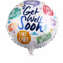 Round foil balloon with "Get Well Soon" and colorful messages