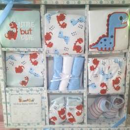 Baby gift set with dinosaur-patterned clothing and socks in a boxed display