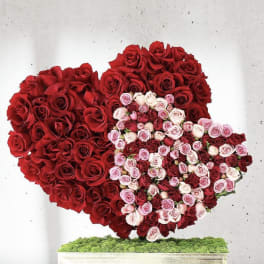 Heart-shaped rose arrangement in red, pink, and white on a rectangular base