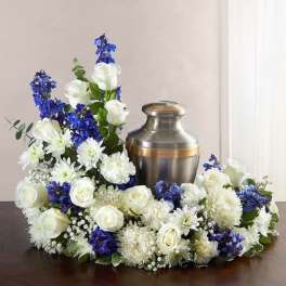Cremation urn ringed by white roses, white mums, and blue flowers in a low sympathy arrangement.