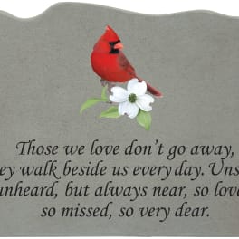 Memorial plaque with a red cardinal and white flower illustration