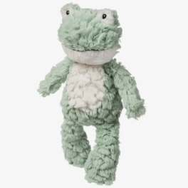 Plush green frog toy with a white belly on a plain background