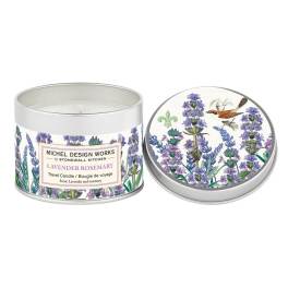 Lavender rosemary travel candle in a metal tin with floral lid