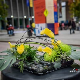 Yellow calla lilies and green blooms in a glass bowl arrangement
