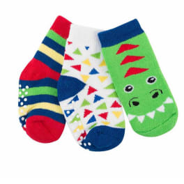 Three colorful patterned socks arranged together on a white background