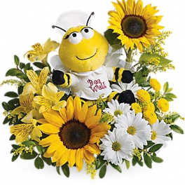 Sunflower and daisy arrangement with a plush bee centerpiece