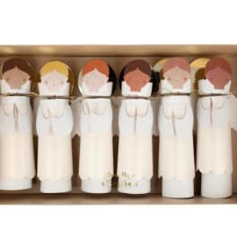 Box of six angel-shaped paper crackers with illustrated faces