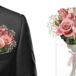 Pink rose boutonniere on a suit jacket beside a matching bouquet