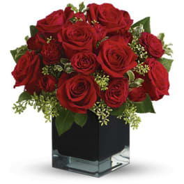 Compact arrangement of red roses in a black cube glass vase