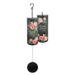 Two hanging wind chimes with floral and bird designs