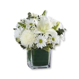 White flowers arranged in a square glass vase