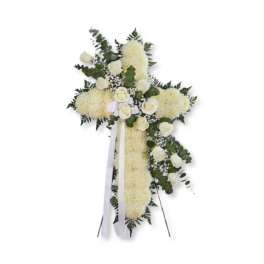 White floral standing cross with roses and ribbon