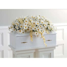 White daisy casket spray with yellow ribbon accents