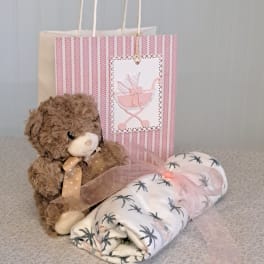 Teddy bear, rolled baby blanket, and gift bag with a pink card