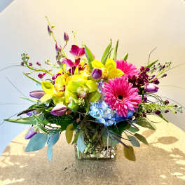 Low mixed arrangement of pink gerbera daisies, yellow orchids, tulips, and blue hydrangea in a clear glass cube vase