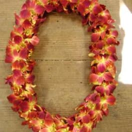 Pink and orange orchid lei on a tan surface