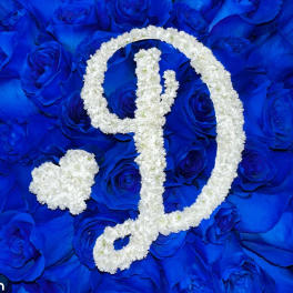 White floral monogram on a blue rose background