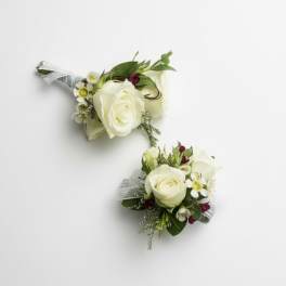 White rose boutonniere and matching wrist corsage with small accent flowers on a white background