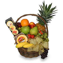 Fruit basket with assorted fruit, cheese, and a ribbon