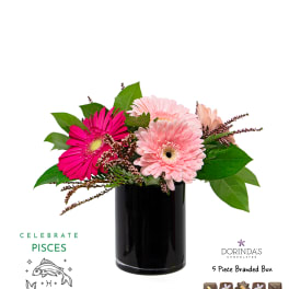 Pink gerbera daisies in a black vase with a chocolate gift box and Pisces graphic