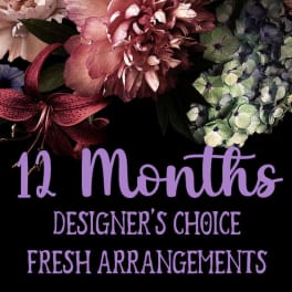 Floral collage with purple text reading 12 Months Designer's Choice Fresh Arrangements