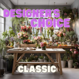 Flower-filled studio with large text reading "DESIGNER'S CHOICE CLASSIC"