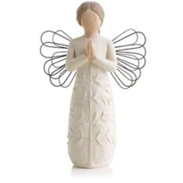 Beige angel figurine with wire wings and folded hands