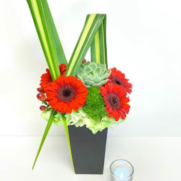 Red gerbera daisies and succulents in a black vase with a candle nearby