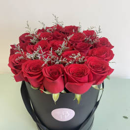 Red roses arranged in a black hatbox with silver filler sprigs