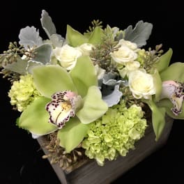Low arrangement of green orchids, white roses, and hydrangeas in a wooden box.