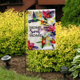 Garden flag with hummingbirds and flowers reading "Home Sweet Home"
