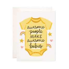 Greeting card with a yellow baby onesie and rainbow accents