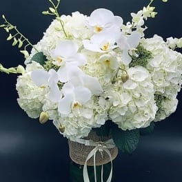 White hydrangea and orchid arrangement in a wrapped vase