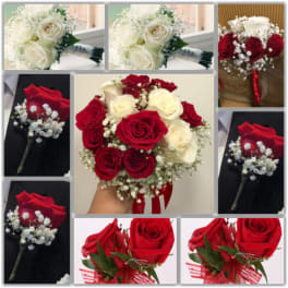 Collage of red and white rose bouquets and boutonnieres with baby's breath