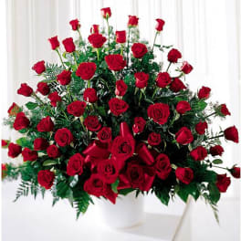 Large bouquet of red roses with a red ribbon