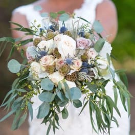 Bridal bouquet of pale roses and blue thistles with trailing eucalyptus