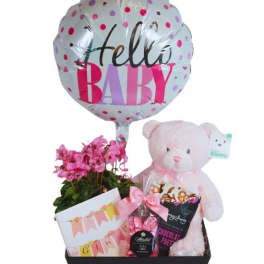 Baby gift basket with a balloon, teddy bear, flowers, and treats