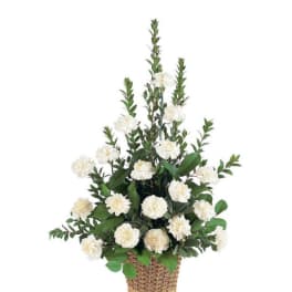 White carnation arrangement in a woven basket