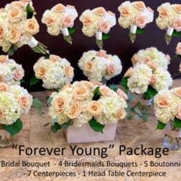 Wedding bouquet set with peach roses and white hydrangeas