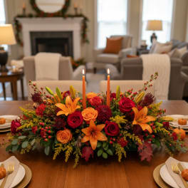 Autumn centerpiece with roses, lilies, and candles on a dining table