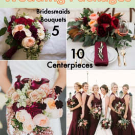 Wedding package collage showing bridal and bridesmaid bouquets and centerpieces
