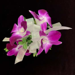 Pink and white orchid corsage with silver ribbon