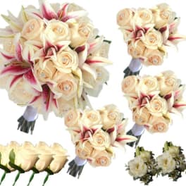 Wedding bouquets with cream roses and pink lilies, plus matching boutonnieres