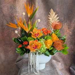 Tropical floral arrangement with orange birds of paradise and orchids in a white vase