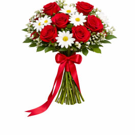 Bouquet of red roses and white daisies tied with a red ribbon