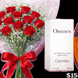 Bouquet of red roses wrapped in clear plastic beside a Calvin Klein Obsession perfume box and bottle