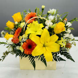 Yellow lilies and roses with orange gerbera daisies in a pale box