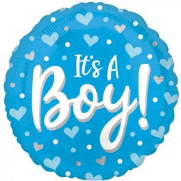 Blue balloon with hearts and the words "It's A Boy!"