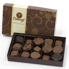 Box of assorted chocolates with a decorative lid