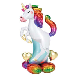 Rainbow unicorn foil balloon with gold heart balloons